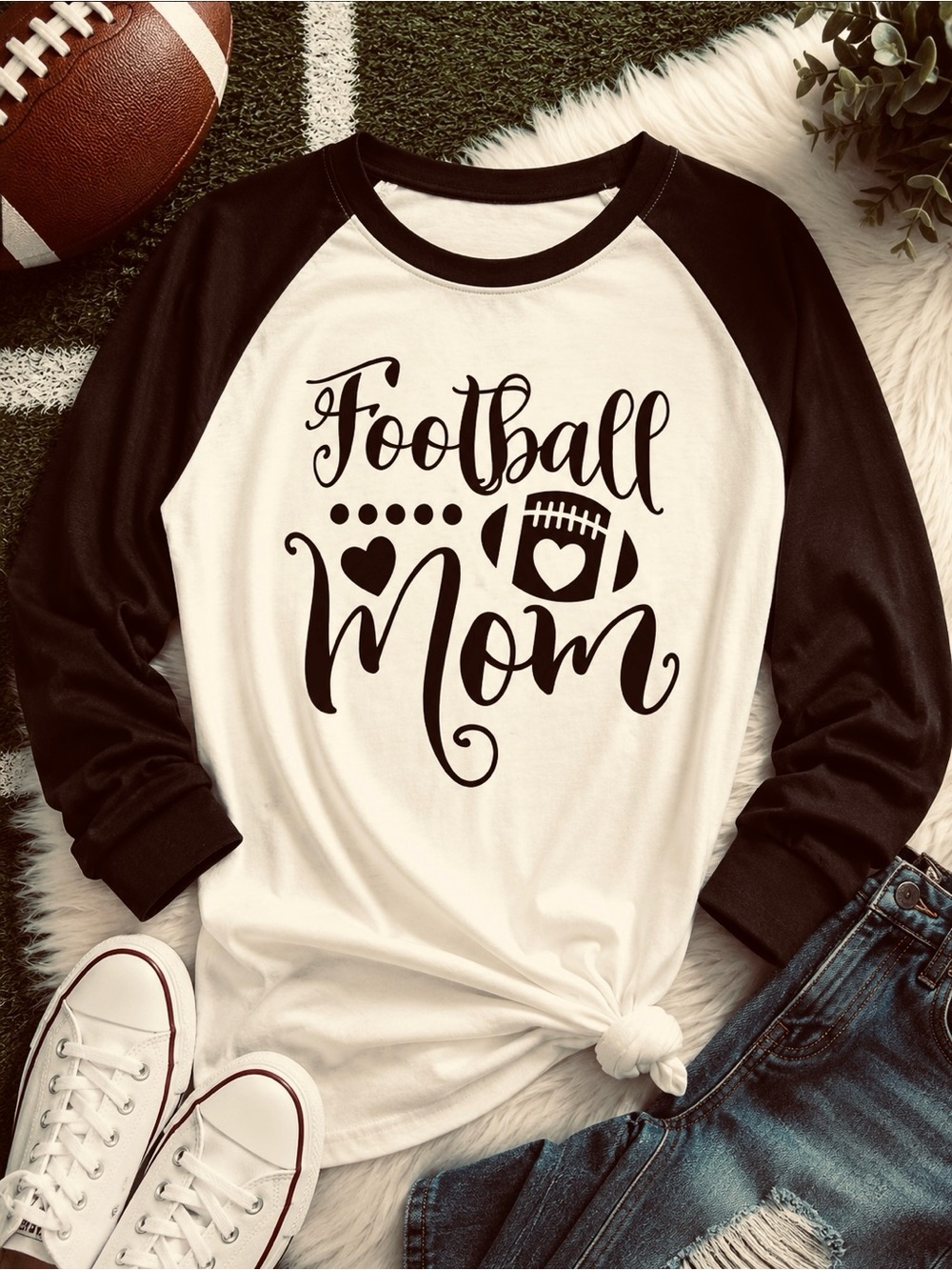 Football Mom Graphic Raglan Tee Black White Long Sleeve Shirt L